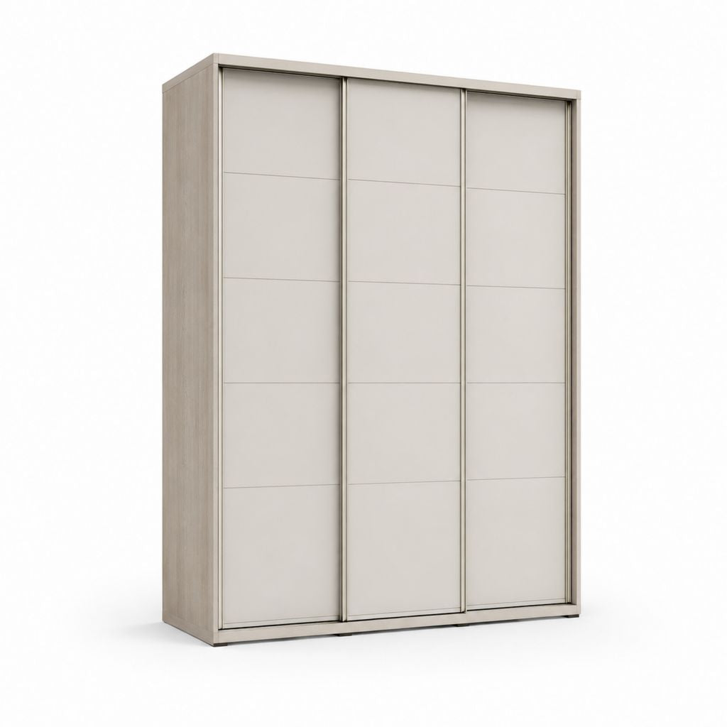 Schrank Garderobe mit 3 Schiebetüren aus Spanplatten und MDF, Turteltaube und helle Eiche, 180 × 60 × 220 cm