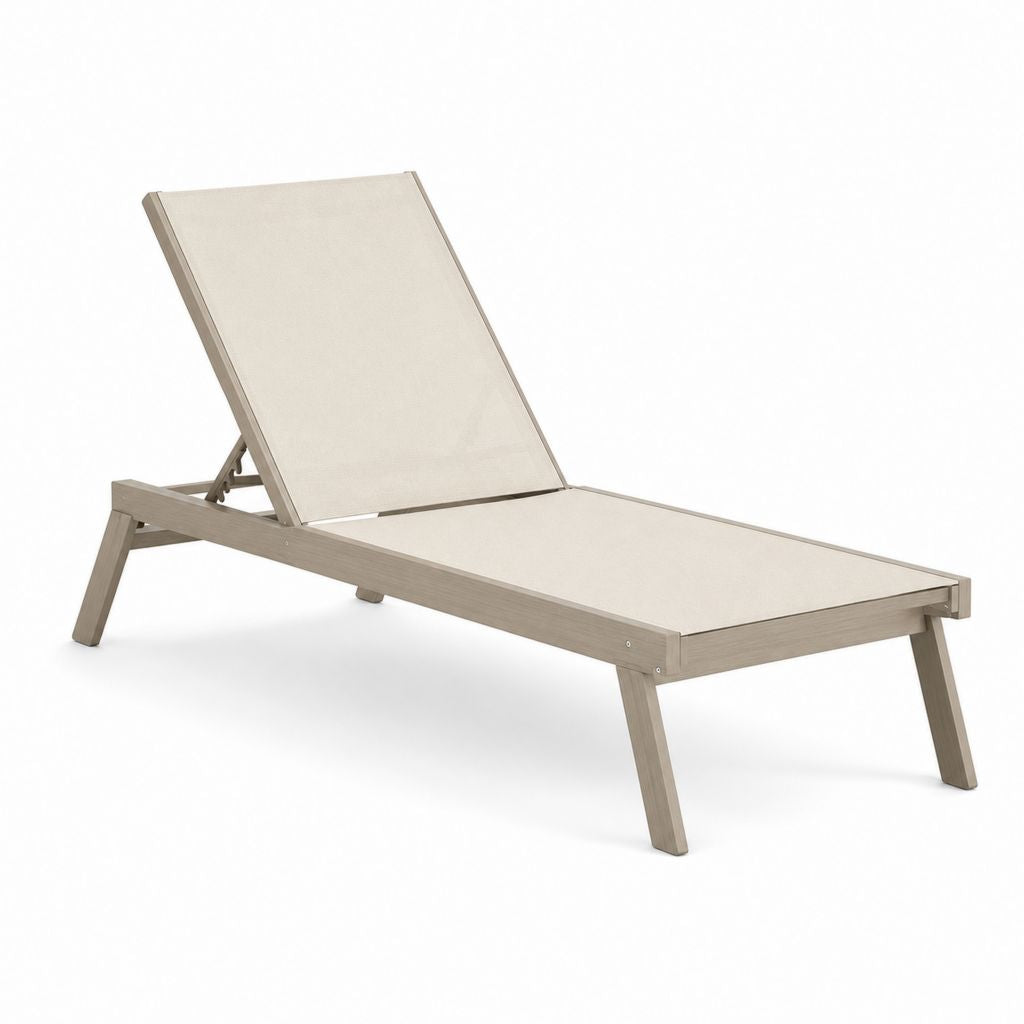 Liegebett aus Akazienholz und mit PVC, Beige und Turtle beschichtetem Polyesternetz, 200 × 65 × 30-86 cm