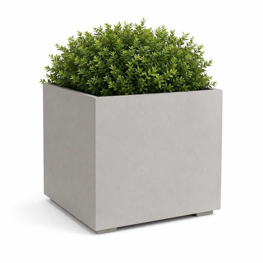 Quadratische Blüte aus hellgrauem Beton 50 × 50 × 50 cm für innen und außen
