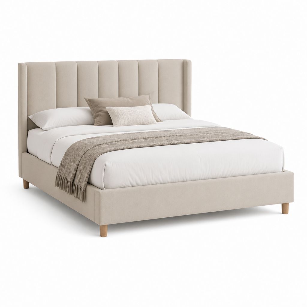 Gepolstertes Doppelbett aus Beige-Gewebe mit Plattenkopf und Lattennetz, Oberfläche 180 × 200 cm, Abmessungen 216 × 196 × 130 cm