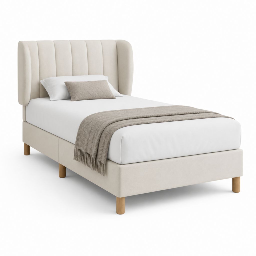 Gepolstertes Doppelbett 140 × 200 cm aus Elfenbeingewebe mit 115 cm hoher Schlitzkopf und Holzbeinen
