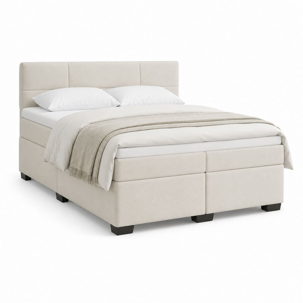 Doppelbett Boxspring 180 × 200 cm beige mit Federmatratze, Topper und gepolstertem Kopfteil aus Polyester