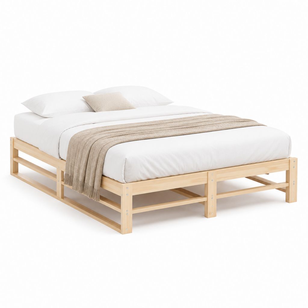 Doppelbett mit Plattform 180 × 200 cm aus Naturholz aus Massivkiefer mit Lattennetz