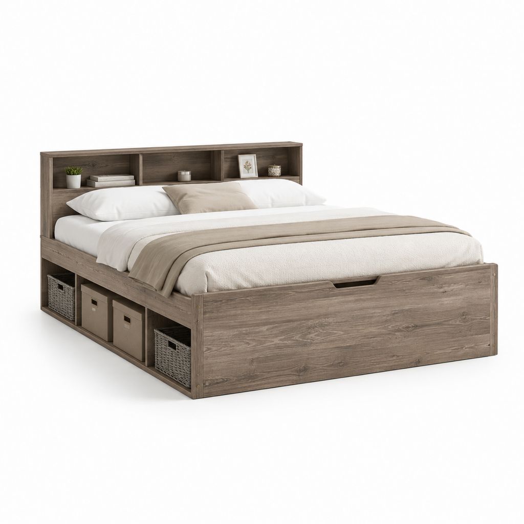 Doppelbett Behälter aus braunen Eiche Spanplatte, 160 × 200 cm, mit Bibliothek Kopfteil und Schublade, 220 × 169 × 110 cm