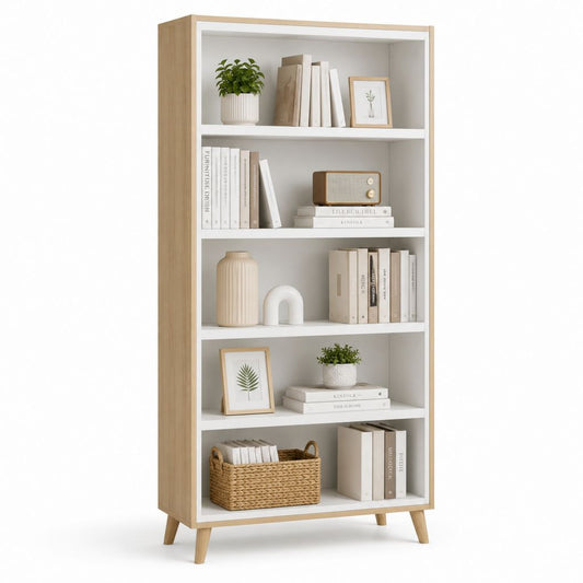Rechteckige Buchhandlung mit 5 Regalen aus Melamin, weiß und Eiche, 80 × 30 × 180 cm