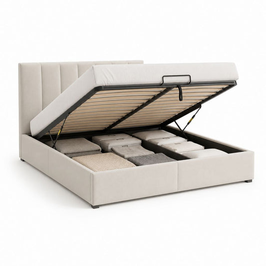 Beige-Gewebe-Gehäuse-Bett mit Lattennetz, Oberfläche 180 × 200 cm, Abmessungen 195 × 218 × 110 cm