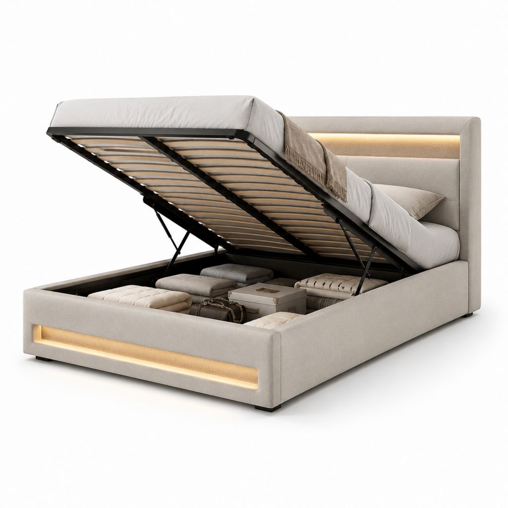 Beige Doppelbett gepolsterter Behälter mit Struktur aus Holz und Metall, Lattennetz, Gasheber und LED-Lichter, 160 × 200 cm