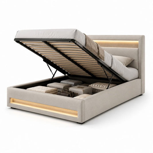 Beige Doppelbett gepolsterter Behälter mit Struktur aus Holz und Metall, Lattennetz, Gasheber und LED-Lichter, 160 × 200 cm