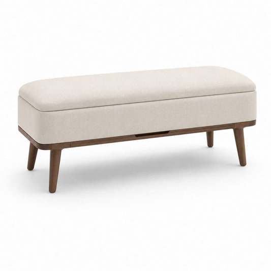 Gepolsterte rechteckige Behälterbank aus Polyester und Massivholz, beige und braun Nussbaum, 120 × 45 × 50 cm