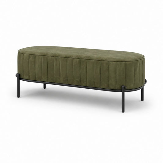 Gepolsterte ovale Samtbank mit Stahlrahmen, Oliven- und Schwarzgrün, 120 × 40 × 45 cm