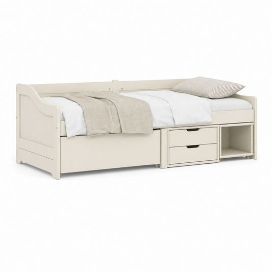 Einzelbett mit Behälter, 2 Schubladen und offenes Fach aus MDF und gerieben, 90 × 200 cm, weißer Creme