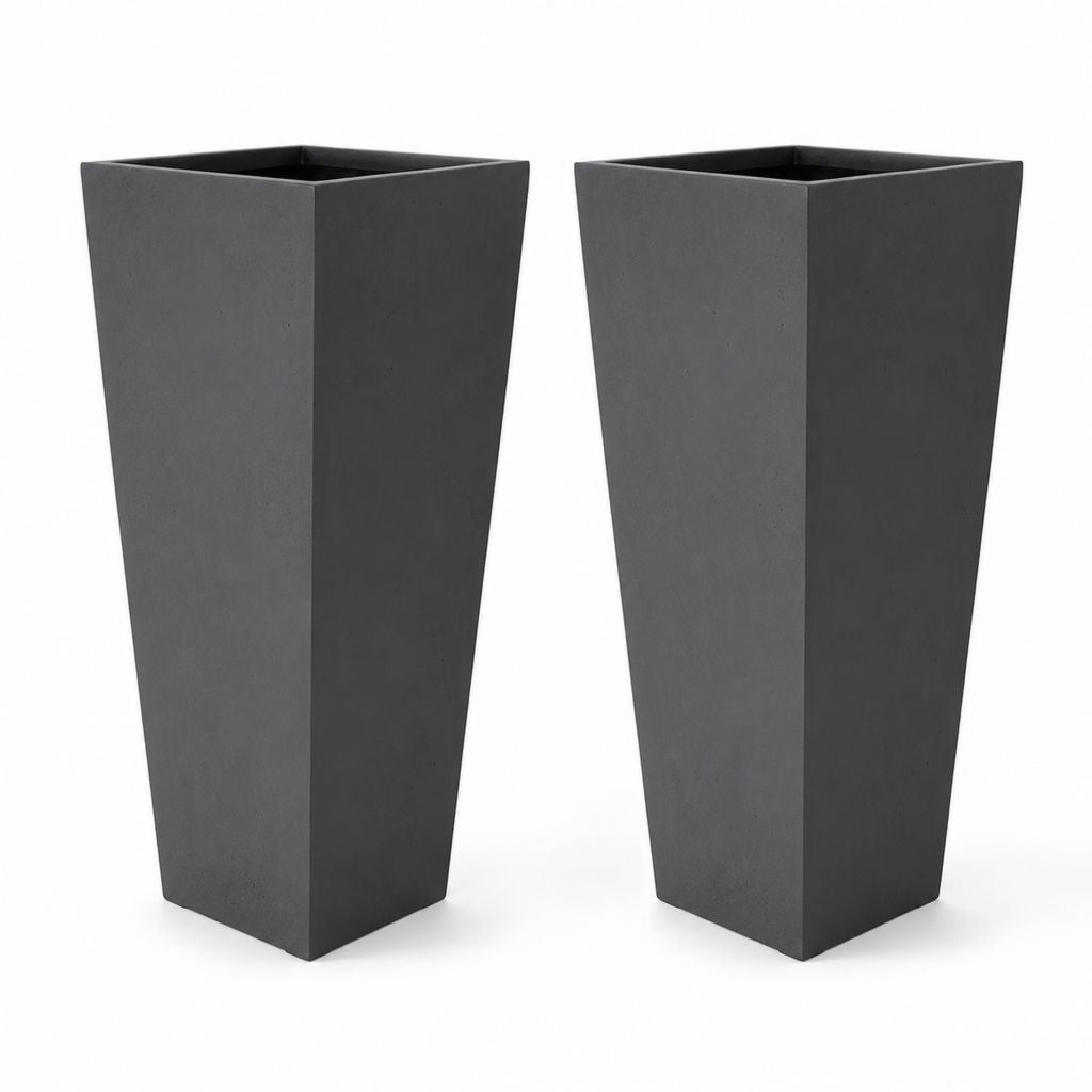 Set von 2 hohen Blumenhändlern aus Glasfaser-Komposit, quadratisch und rastremat, Anthrazit, 40 × 40 × 80 cm