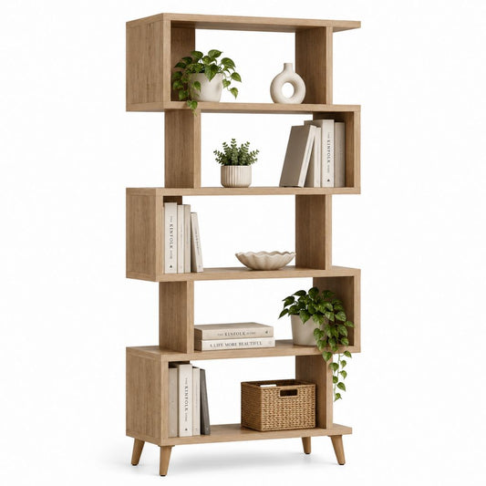Geometrische 5-Level-Bibliothek in melaminischer Spanplatte, Eiche braun, 80 × 24 × 180 cm
