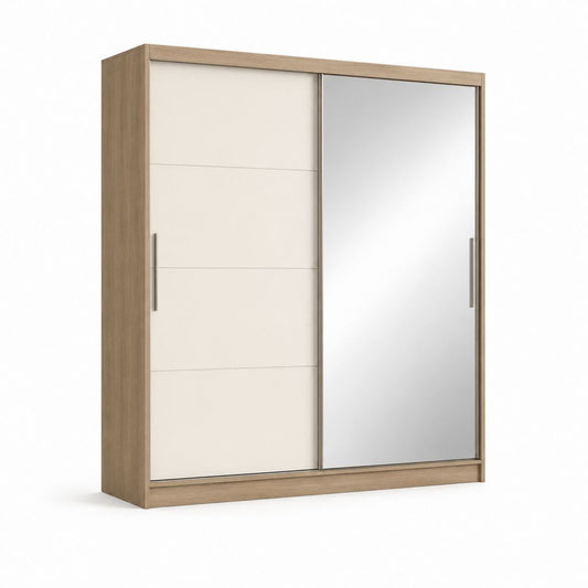 Schrank rechteckige Schrank aus paneel striciolare melaminico, 2 Schiebetüren davon 1 in Spiegel, Eiche natur und beige, 180 × 60 × 200 cm
