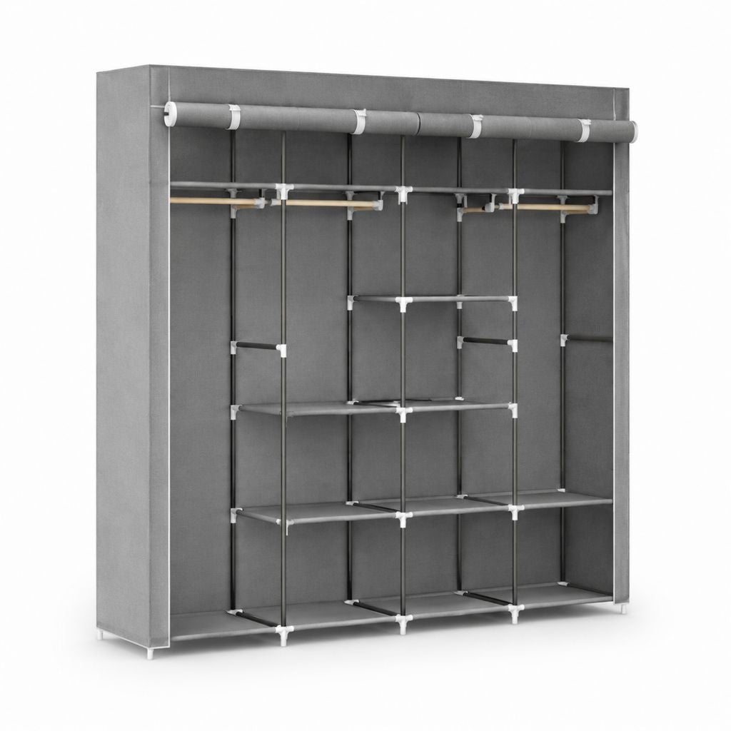 Tragbare Kleiderschrank aus Stoff, Kunststoff und Stahl, 12 Fächer und 4 Kleiderstangen, grau, 170 × 45 × 170 cm