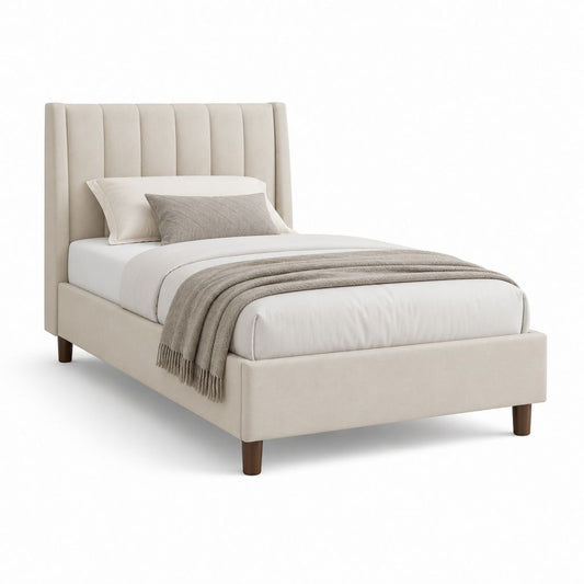Gepolstertes Einzelbett aus beigefarbenem Stoff mit Plattenkopf, 98 × 214 × 110 cm, für Matratze 90 × 200 cm