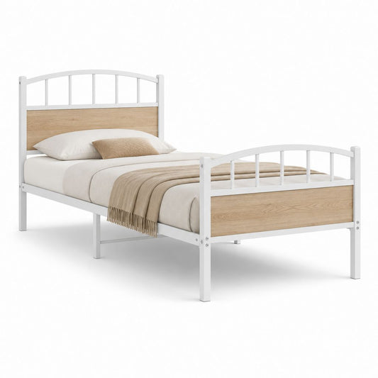 Einzelbett rechteckig 90 × 200 cm aus Stahl und Holz, weiß und Eiche Natur