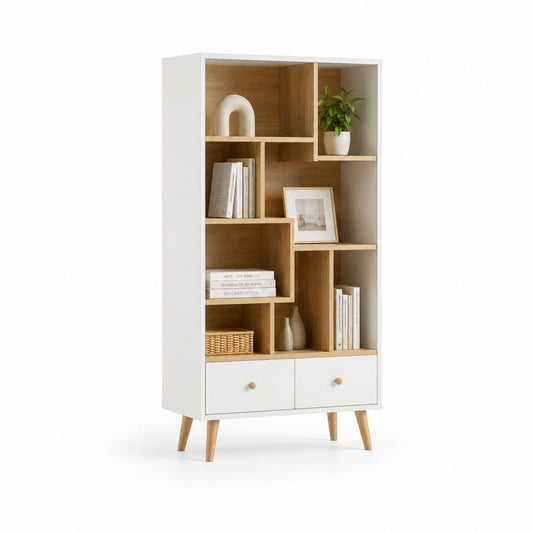 Rechteckige Bücherregal aus weißem Holz und Eiche mit 8 Zimmern und 2 Schubladen, 80 × 30 × 180 cm